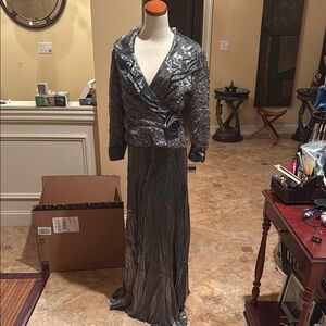 Cachet Silver Cocktail Prom Wrap Dress with Floral Detail